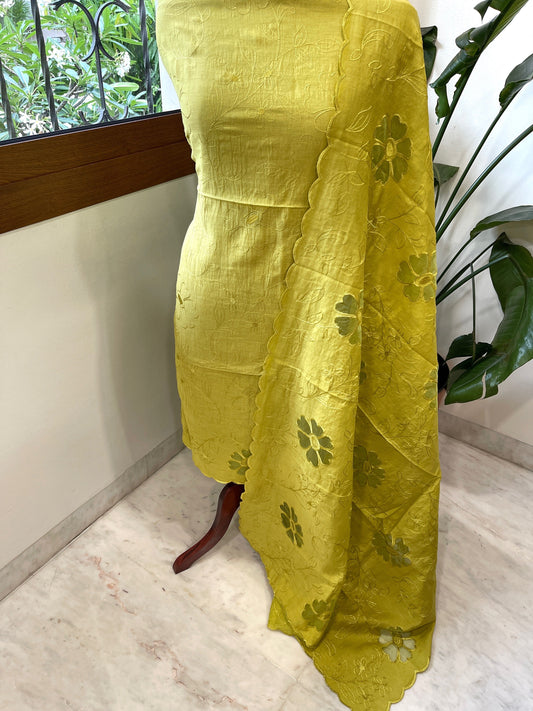 Lime Green Mul Chanderi Suit Set with Cut Work - Masakalee
