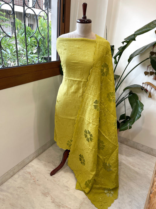 Lime Green Mul Chanderi Suit Set with Cut Work - Masakalee