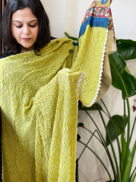 Lime Green Rai Bandhej Dupatta with Handpainted Kalamkari Pallu in Pure Muga Silk - Masakalee