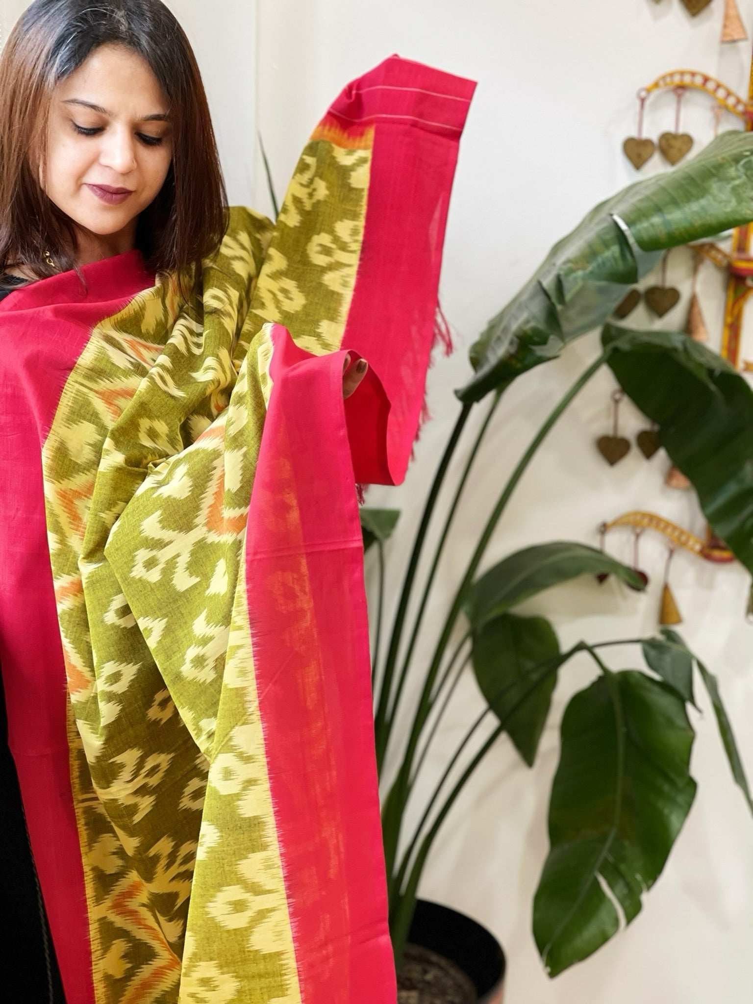 Lime Green, Red Handwoven Ikat Dupatta in Cotton - Masakalee