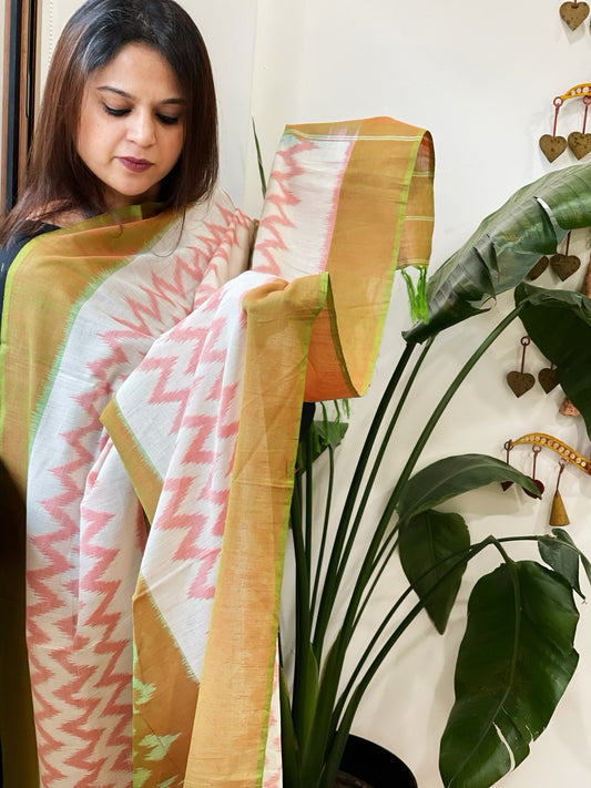 Lime Green, White Handwoven Ikat Dupatta in Cotton - Masakalee