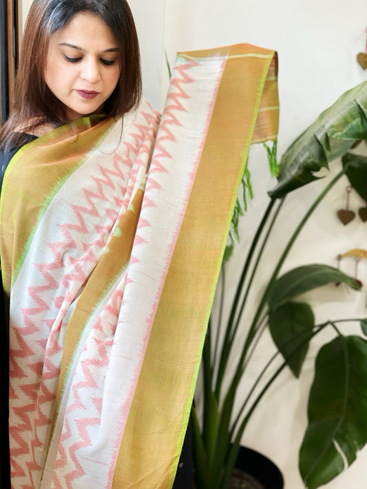 Lime Green, White Handwoven Ikat Dupatta in Cotton - Masakalee