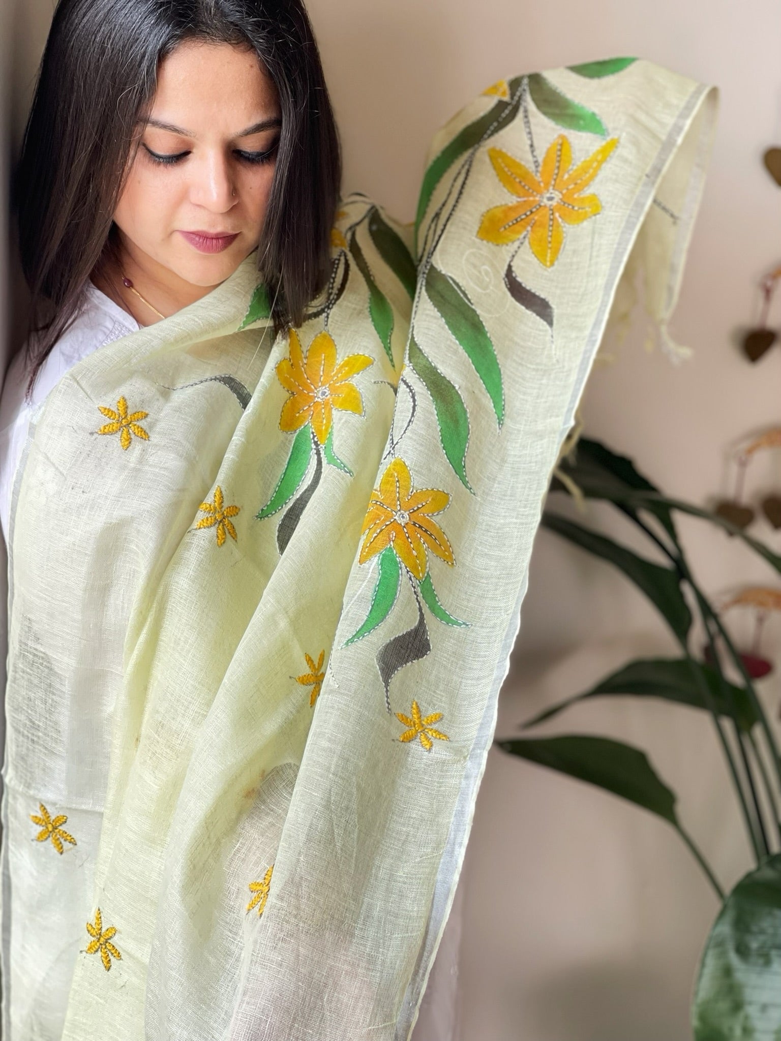 Lime Yellow Handpainted Dupatta with Kantha Stitch Handwork in Linen - Masakalee