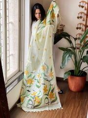 Lime Yellow Handpainted Dupatta with Kantha Stitch Handwork in Linen - Masakalee