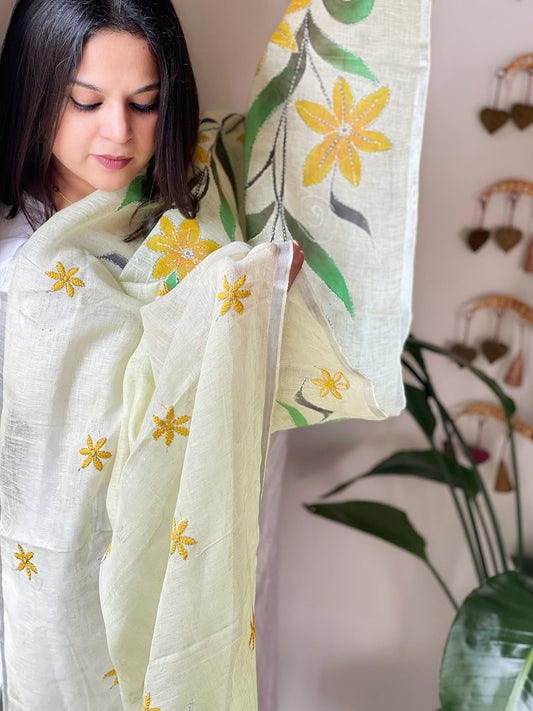 Lime Yellow Handpainted Dupatta with Kantha Stitch Handwork in Linen - Masakalee