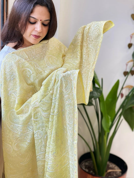 Lime Yellow Kashmiri Aari Embroidery dupatta in Mul - Masakalee