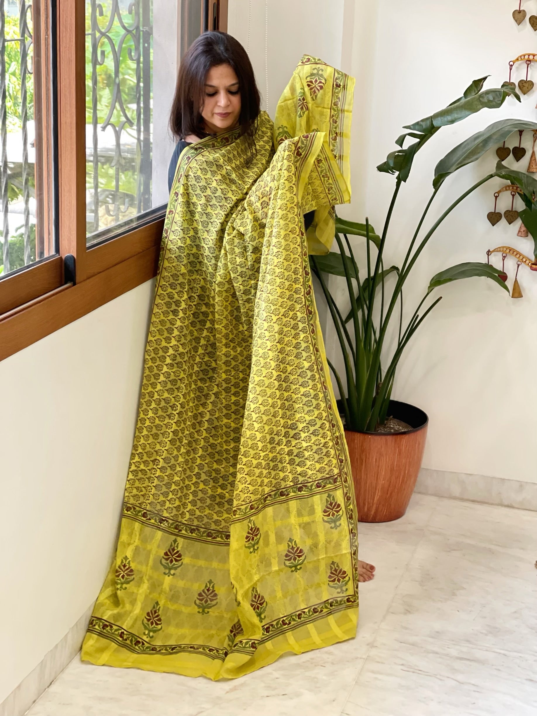 Lime Yellow Mul Cotton Handblock Printed Dupatta - Masakalee