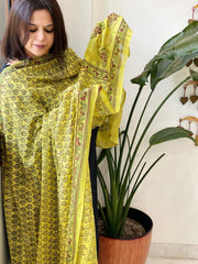 Lime Yellow Mul Cotton Handblock Printed Dupatta - Masakalee