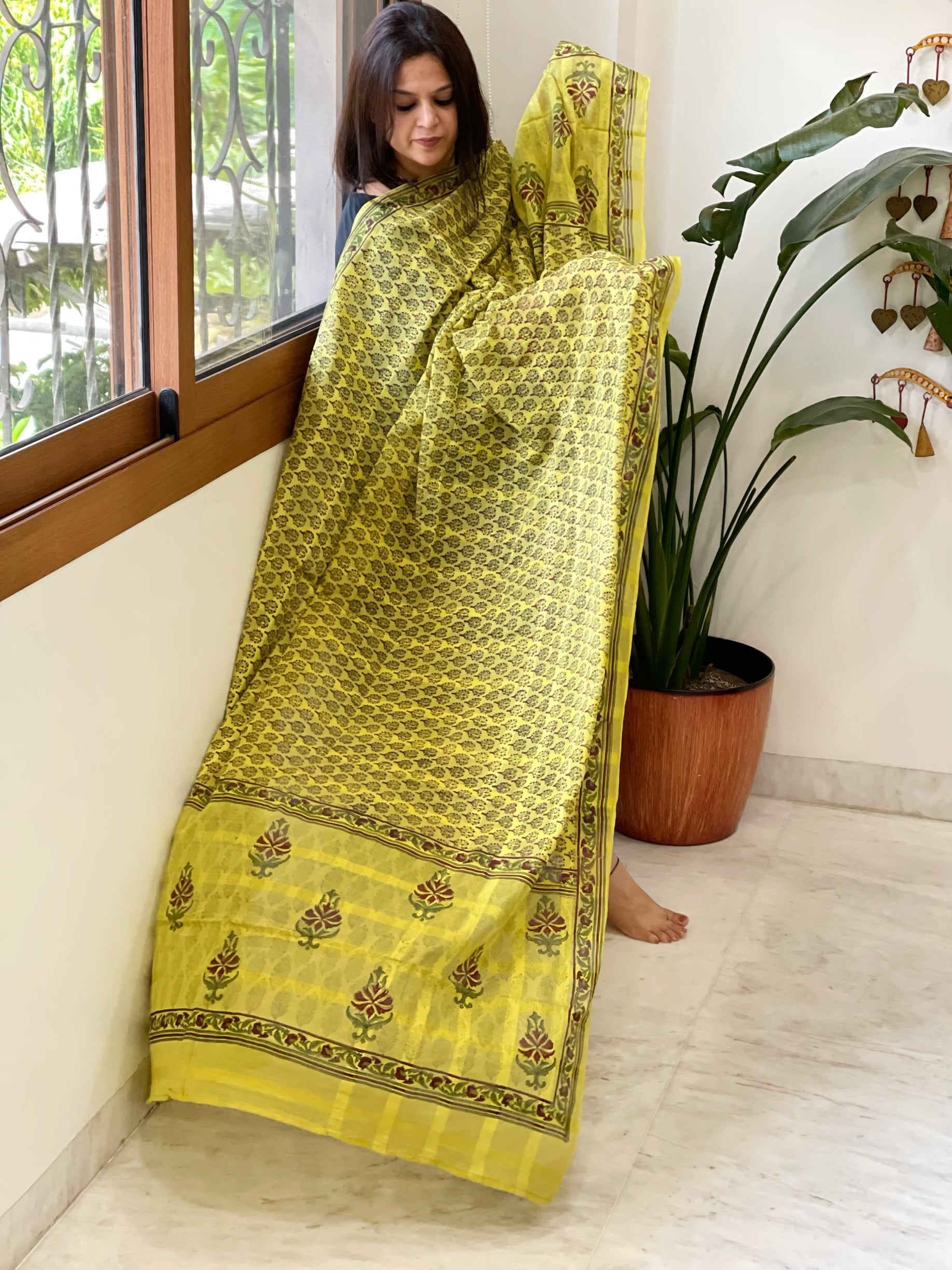 Lime Yellow Mul Cotton Handblock Printed Dupatta - Masakalee