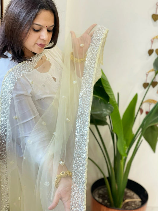 Lime Yellow Net Dupatta with Sequin and Pearl Embroidery - Masakalee