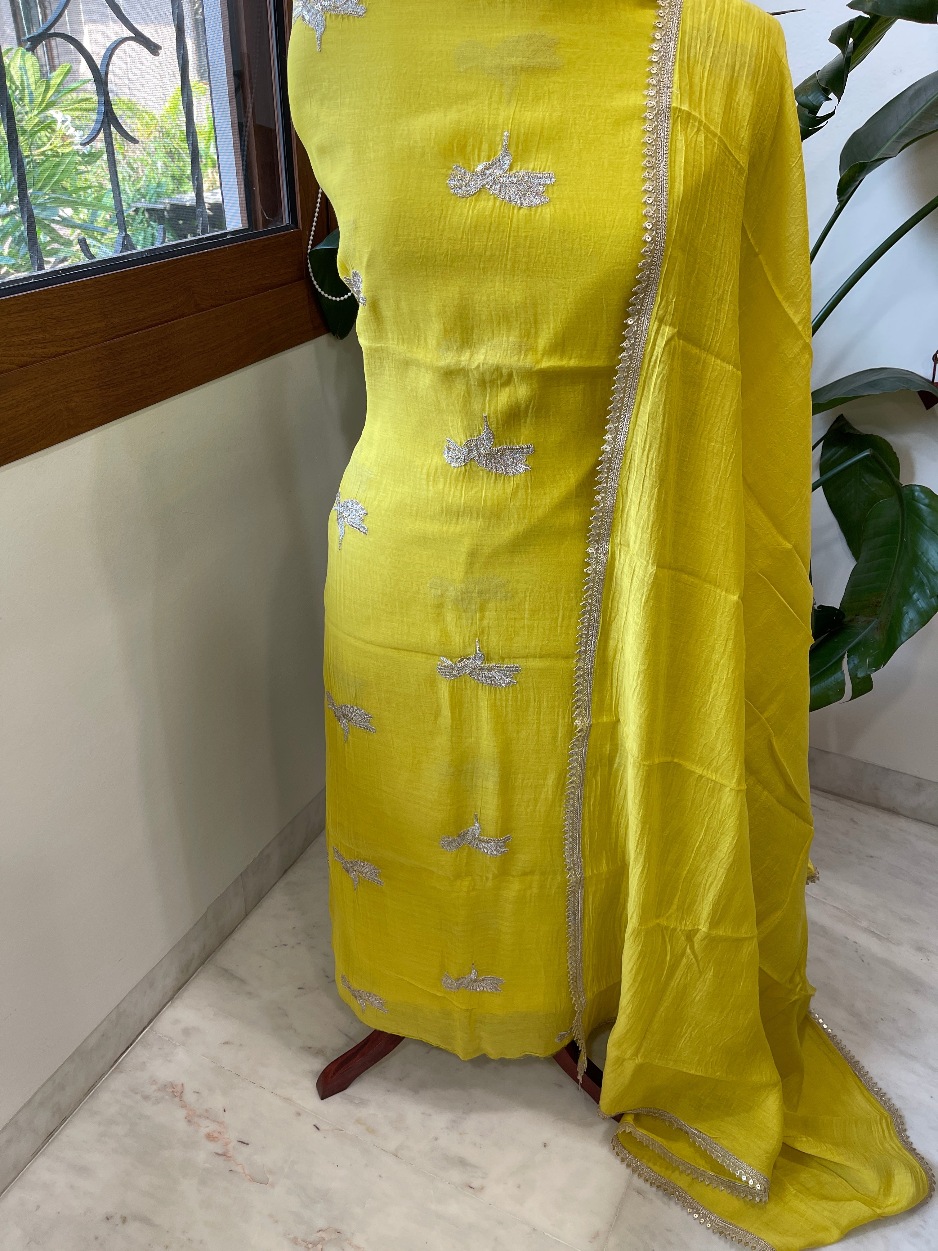 Lime Yellow Suit Set with Gold Thread & Sequin Work in Pure Mul - Masakalee