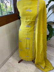 Lime Yellow Suit Set with Gold Thread & Sequin Work in Pure Mul - Masakalee