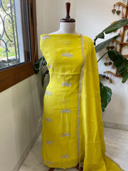 Lime Yellow Suit Set with Gold Thread & Sequin Work in Pure Mul - Masakalee