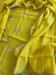 Lime Yellow Suit Set with Gold Thread & Sequin Work in Pure Mul - Masakalee