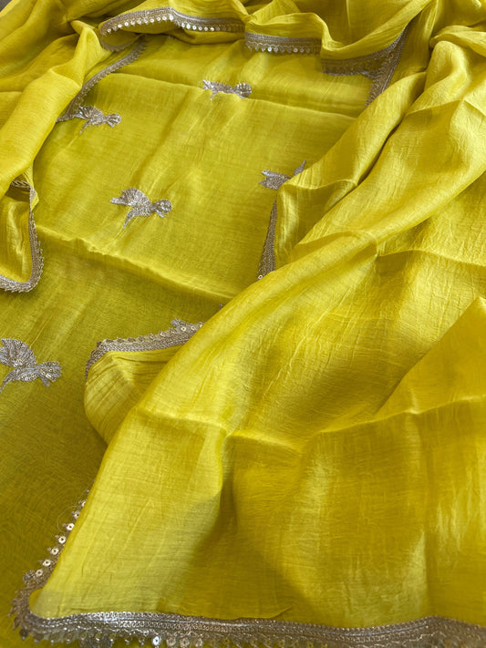 Lime Yellow Suit Set with Gold Thread & Sequin Work in Pure Mul - Masakalee