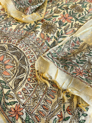Lime Yellow Suit Set with Kantha Handwork in Pure Tussar Silk - Masakalee