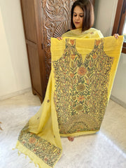 Lime Yellow Suit Set with Kantha Handwork in Pure Tussar Silk - Masakalee