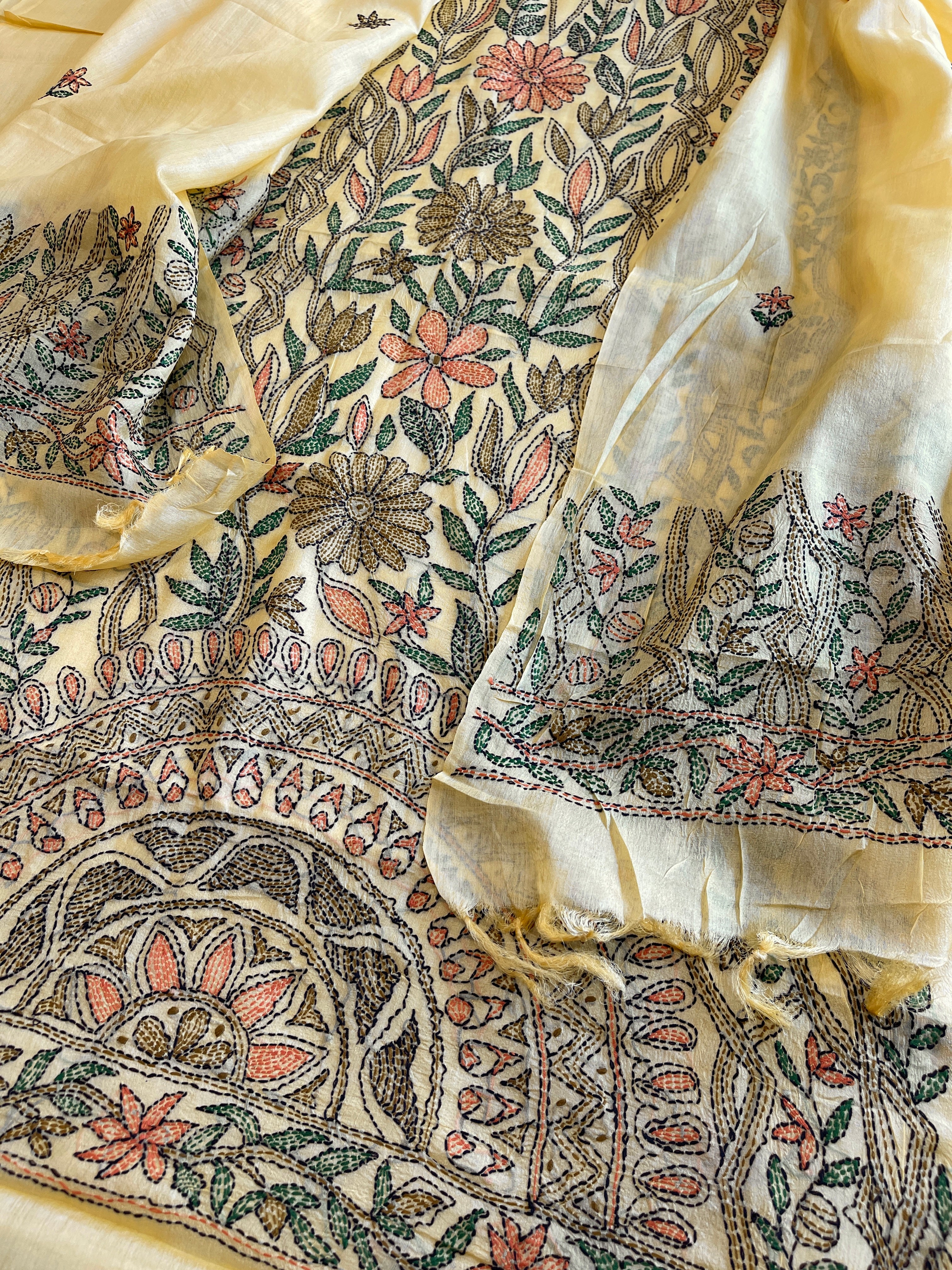 Lime Yellow Suit Set with Kantha Handwork in Pure Tussar Silk - Masakalee