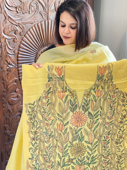 Lime Yellow Suit Set with Kantha Handwork in Pure Tussar Silk - Masakalee