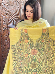 Lime Yellow Suit Set with Kantha Handwork in Pure Tussar Silk - Masakalee