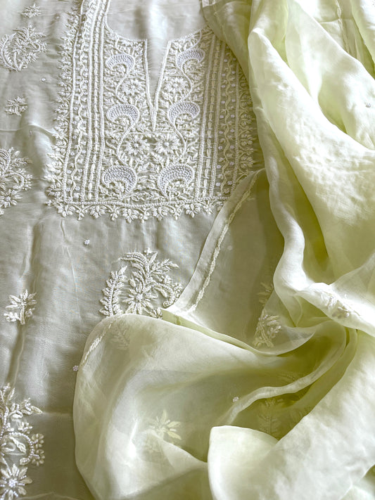 Lime Yellow Suit Set with Lucknowi and Pearl Handwork in Organza Crepe - Masakalee
