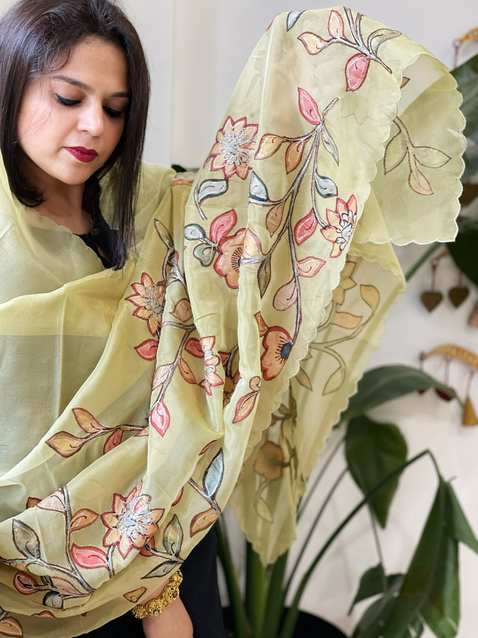 Lime Yellow Tissue Organza Dupatta with Handpainted Applique Work - Masakalee