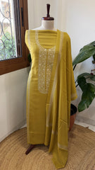 Lime Yellow Winter Suit Set with Aari Work in Pashmina Wool - Masakalee