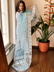 Lite Aqua Blue Handwoven Jamdani Dupatta in Pure Muslin - Masakalee