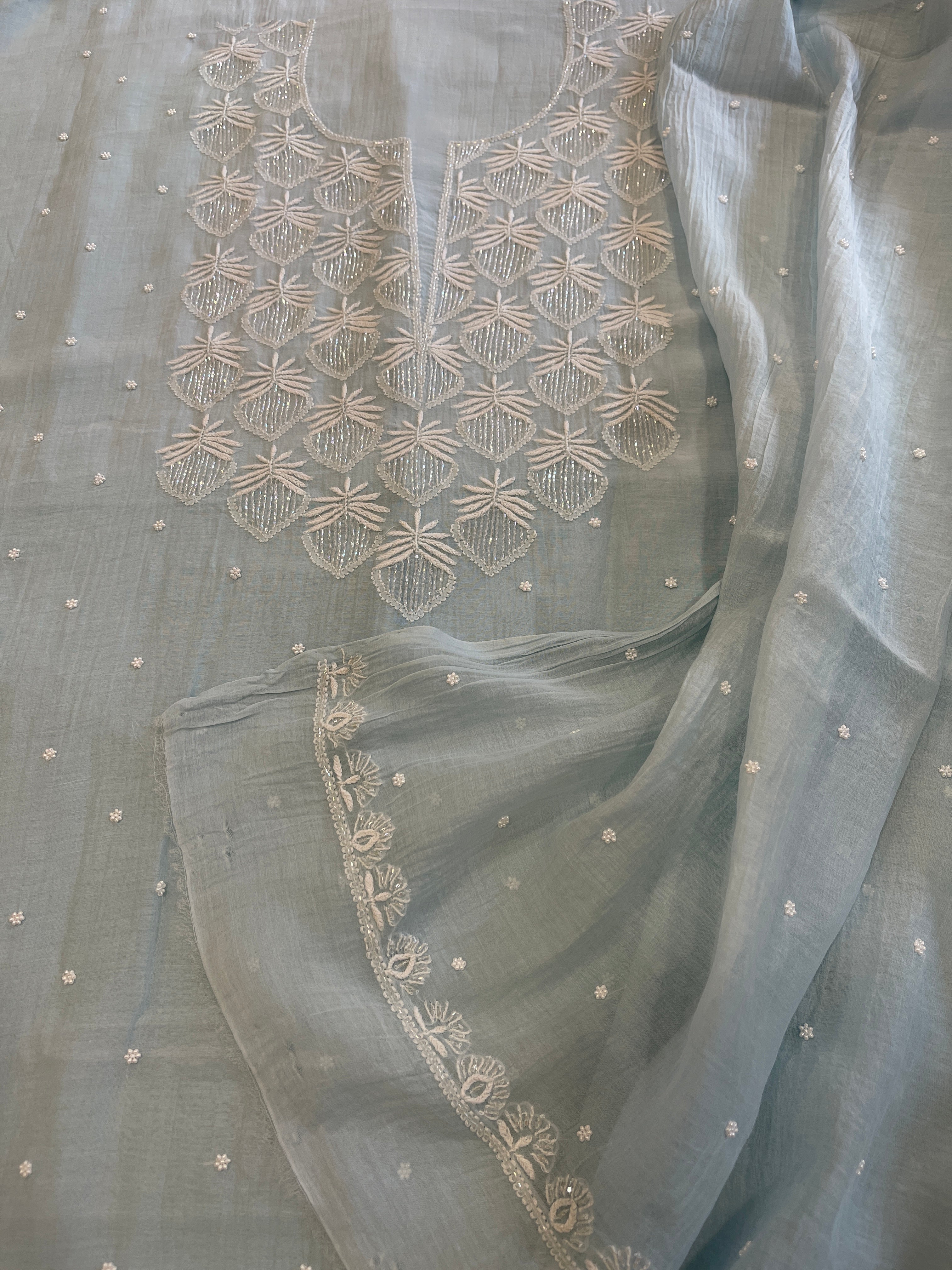 Lite Aqua Suit Set with Pearl, Cut Daana and Thread Handwork in Pure Mul Chanderi - Masakalee