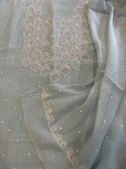 Lite Aqua Suit Set with Pearl, Cut Daana and Thread Handwork in Pure Mul Chanderi - Masakalee