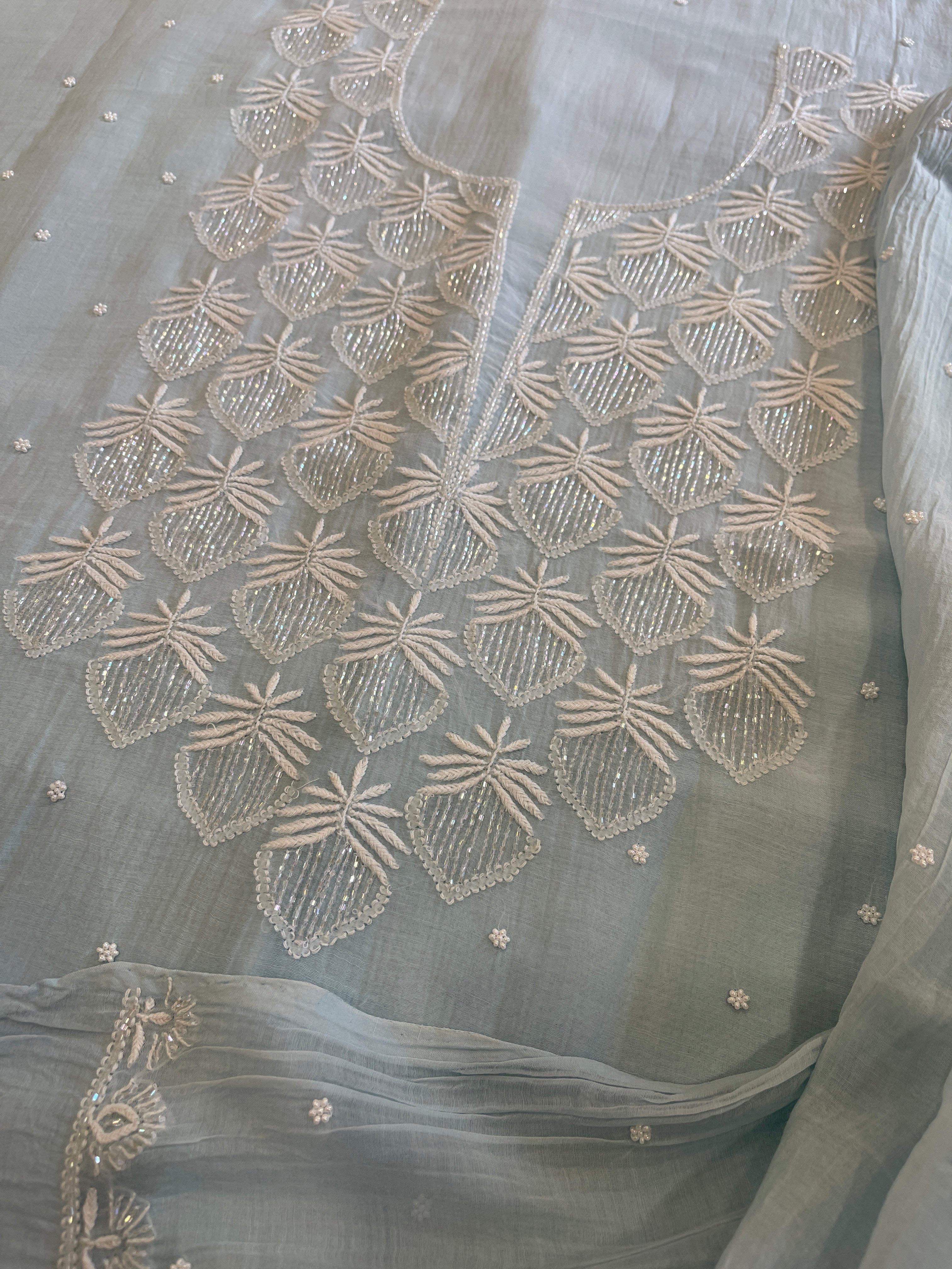 Lite Aqua Suit Set with Pearl, Cut Daana and Thread Handwork in Pure Mul Chanderi - Masakalee