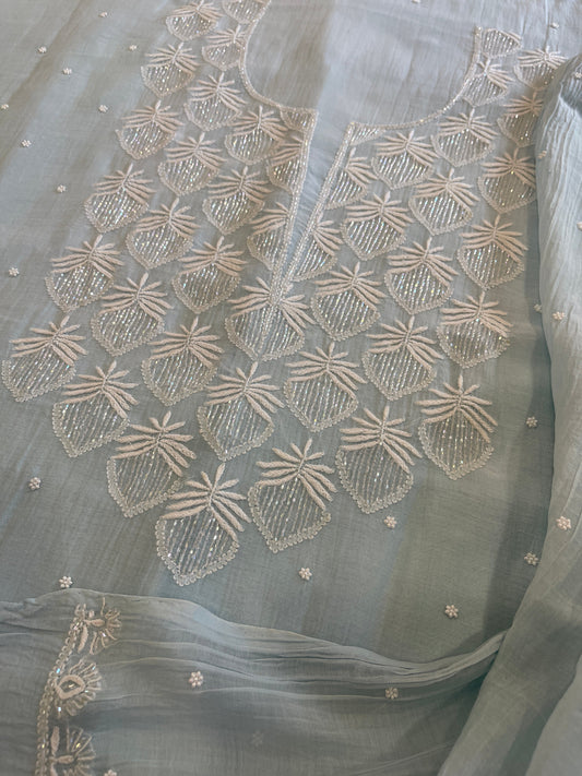 Lite Aqua Suit Set with Pearl, Cut Daana and Thread Handwork in Pure Mul Chanderi - Masakalee
