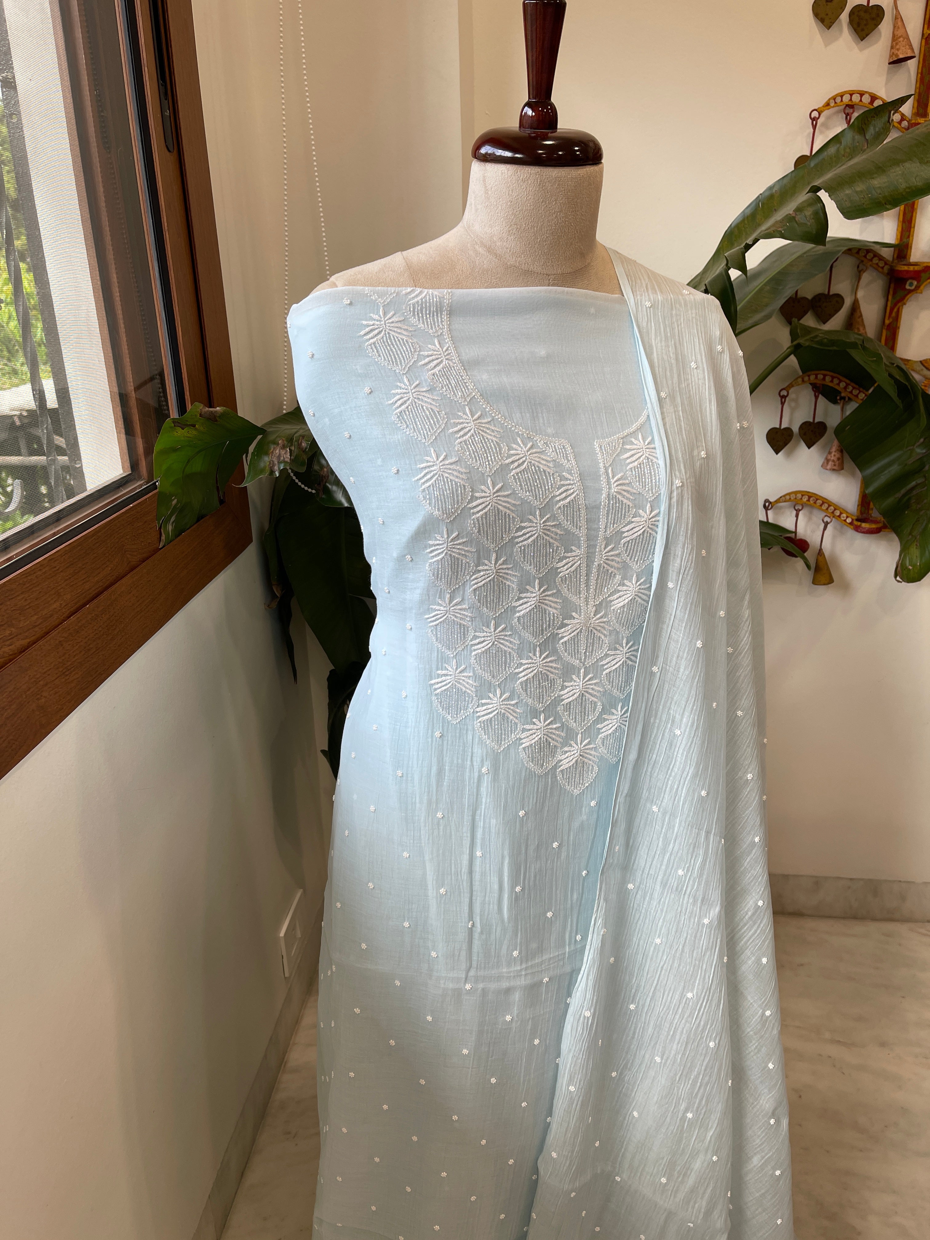 Lite Aqua Suit Set with Pearl, Cut Daana and Thread Handwork in Pure Mul Chanderi - Masakalee