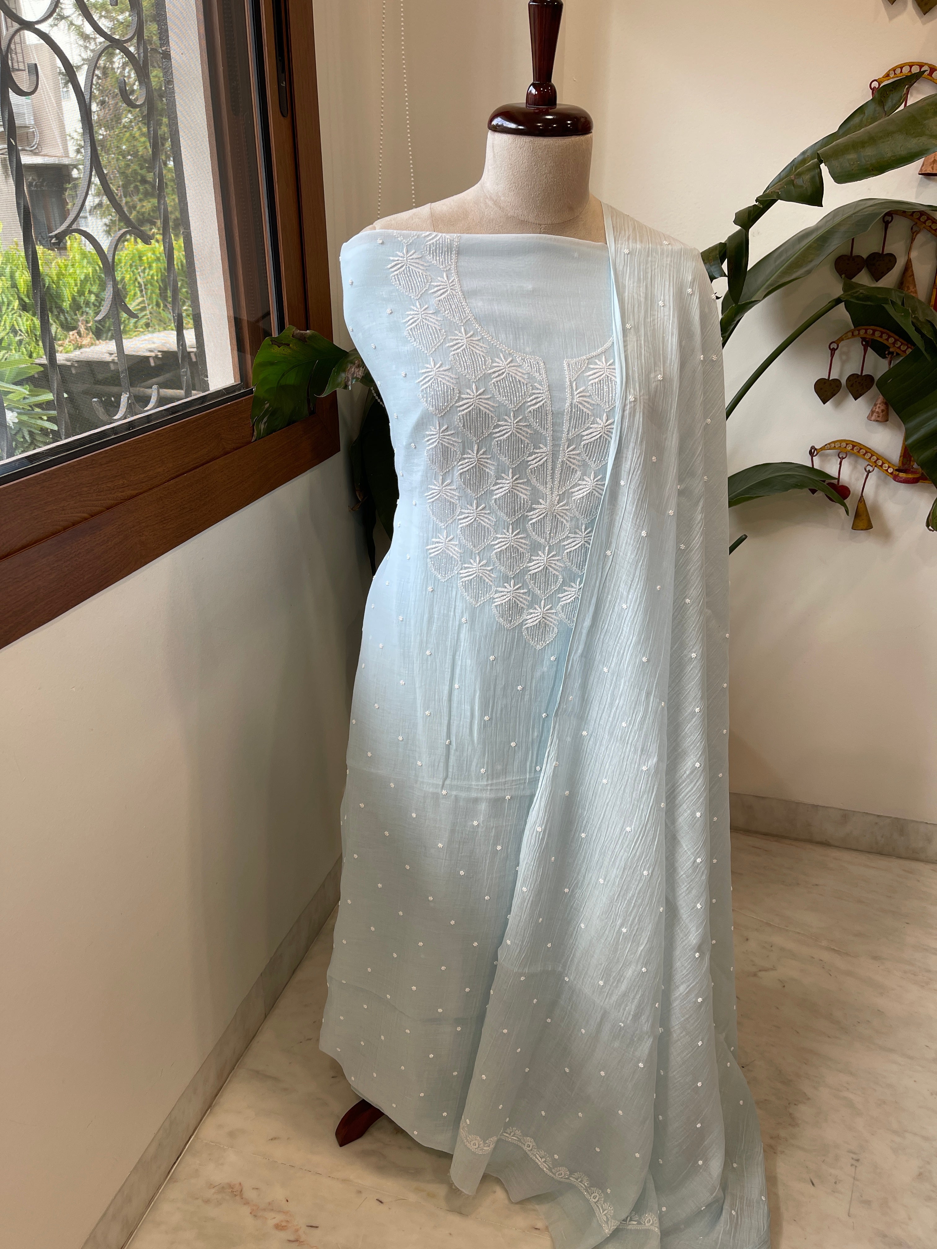 Lite Aqua Suit Set with Pearl, Cut Daana and Thread Handwork in Pure Mul Chanderi - Masakalee