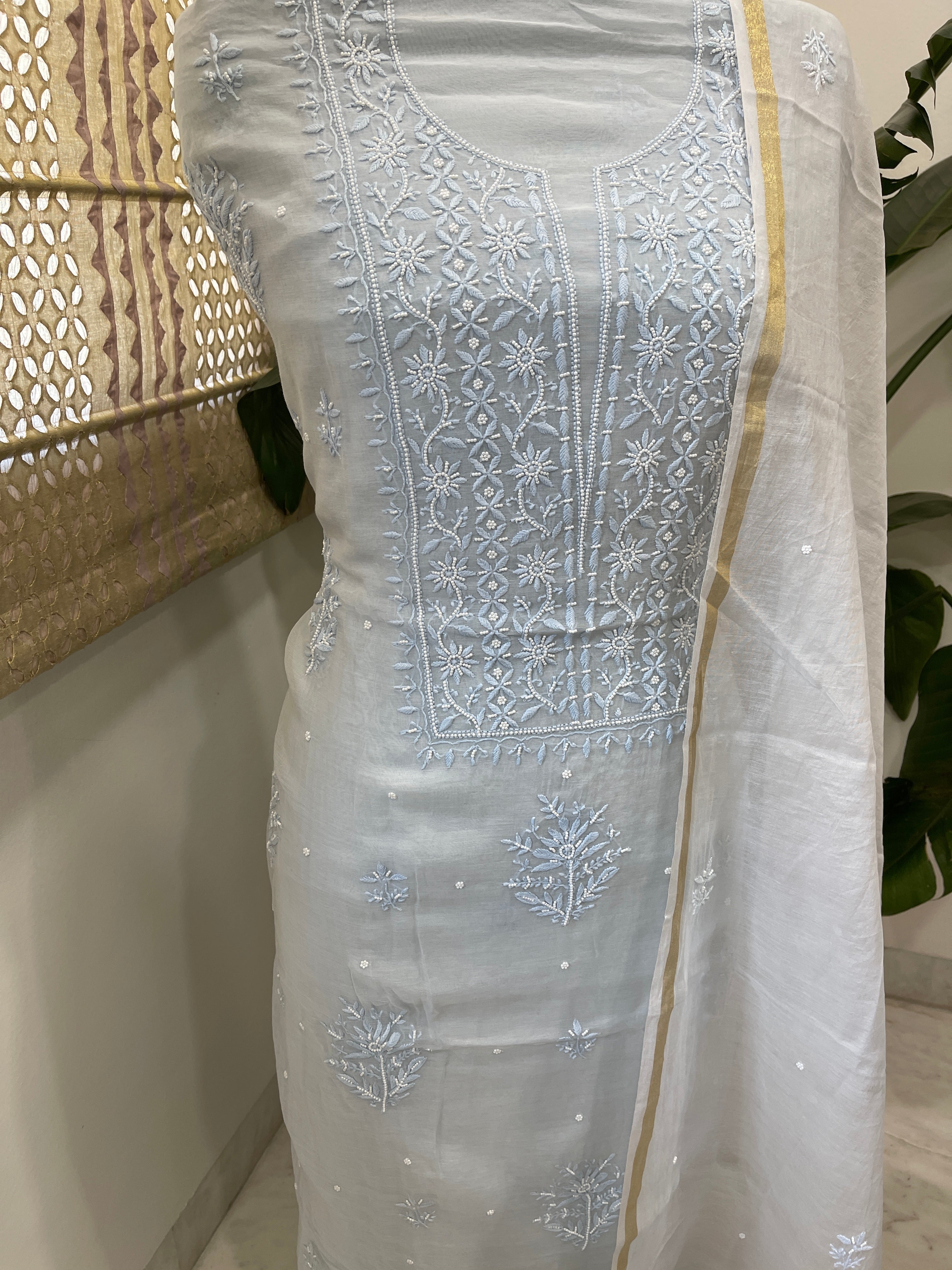 Lite Blue Suit Set with Lucknowi Handwork in Pure Mul Chanderi - Masakalee