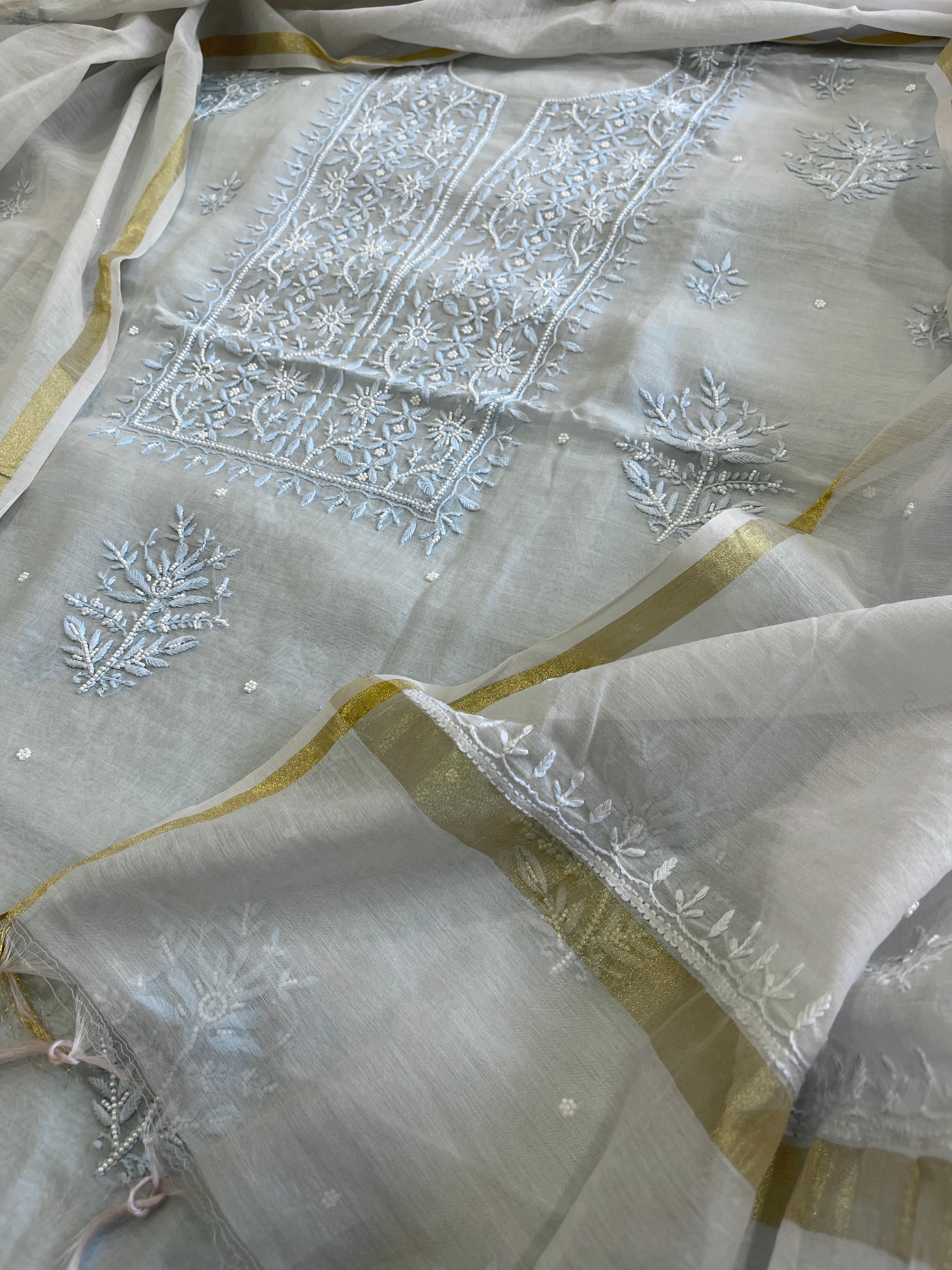 Lite Blue Suit Set with Lucknowi Handwork in Pure Mul Chanderi - Masakalee