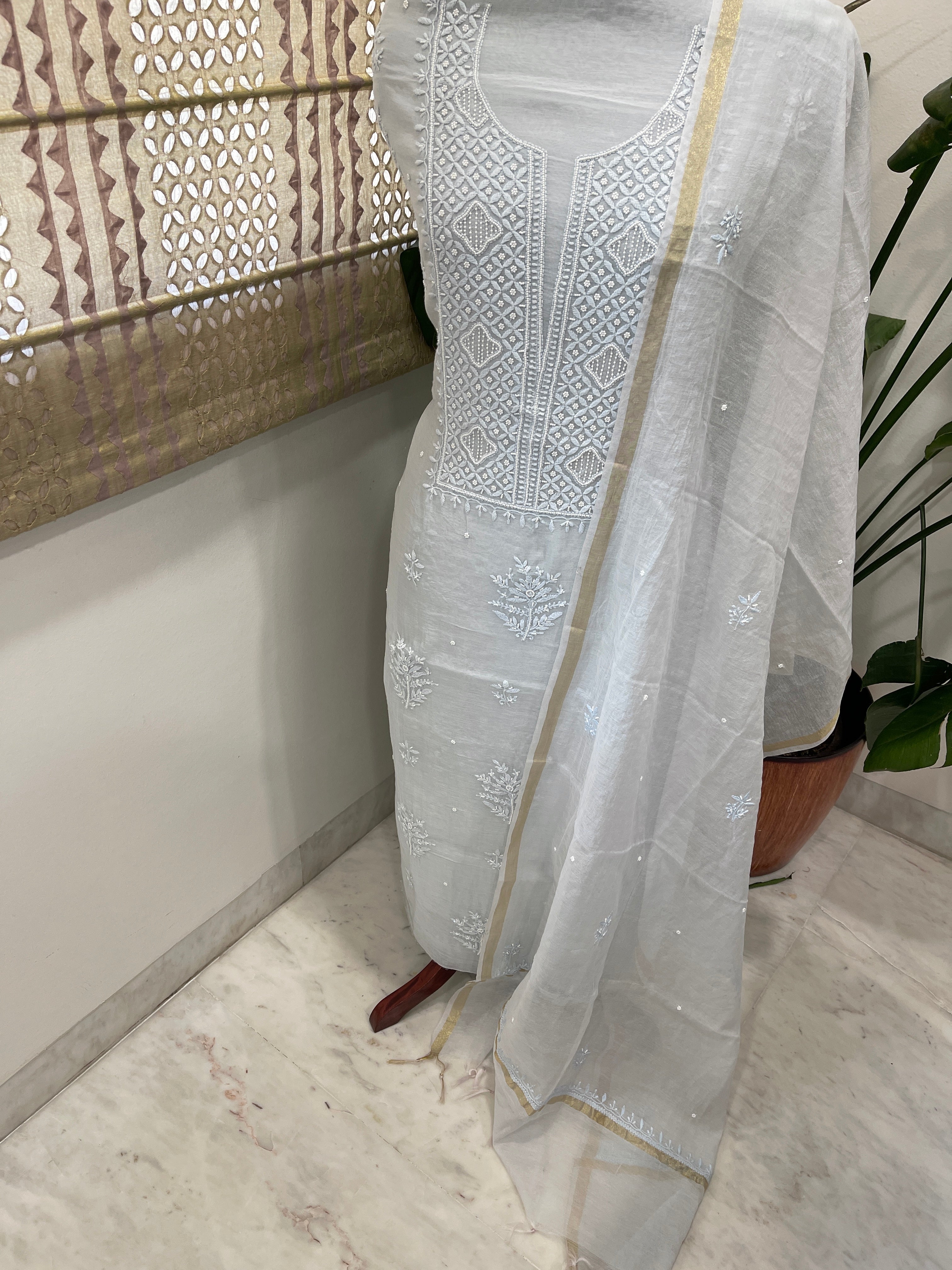 Lite Blue Suit Set with Lucknowi Handwork in Pure Mul Chanderi - Masakalee