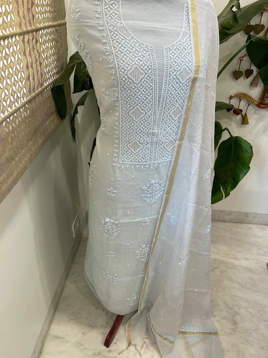 Lite Blue Suit Set with Lucknowi Handwork in Pure Mul Chanderi - Masakalee