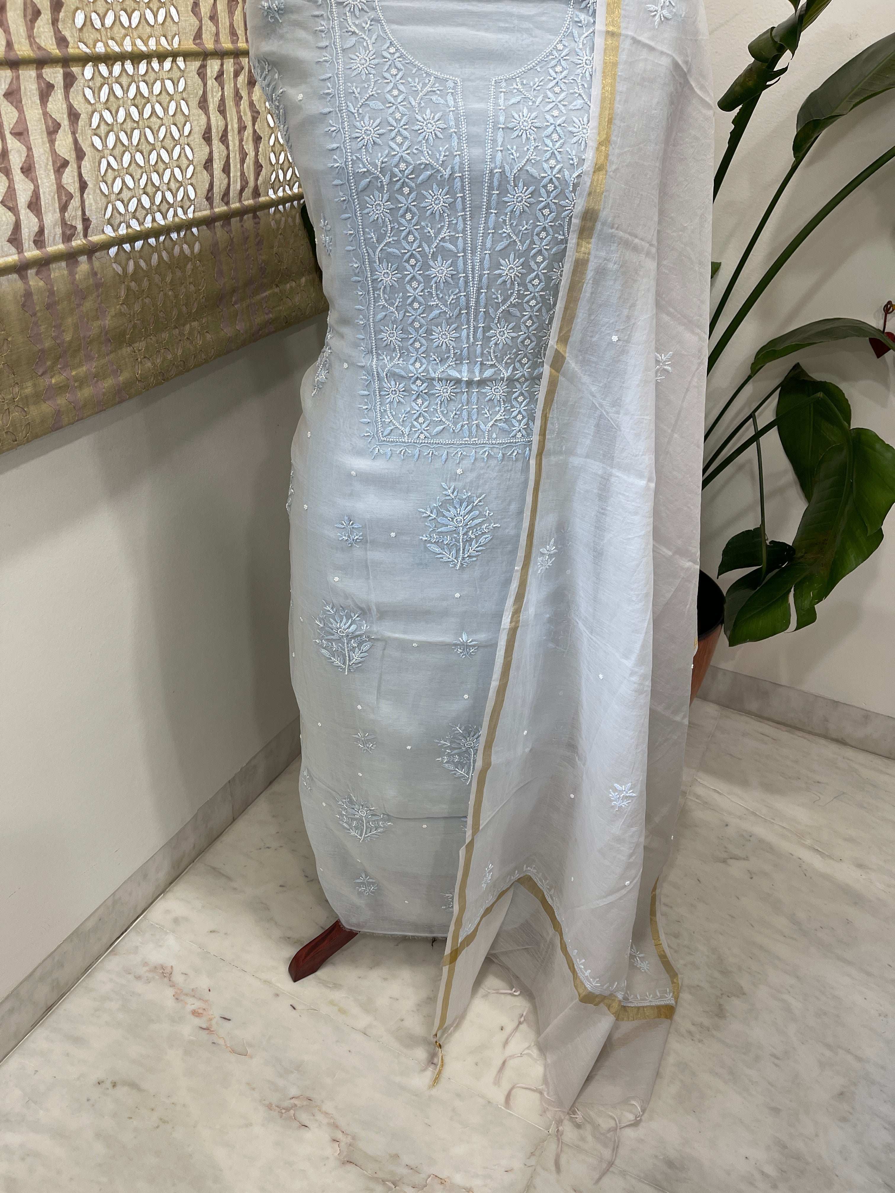 Lite Blue Suit Set with Lucknowi Handwork in Pure Mul Chanderi - Masakalee