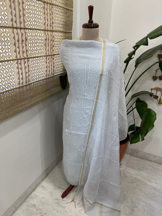 Lite Blue Suit Set with Lucknowi Handwork in Pure Mul Chanderi - Masakalee