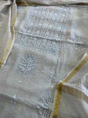 Lite Blue Suit Set with Lucknowi Handwork in Pure Mul Chanderi - Masakalee