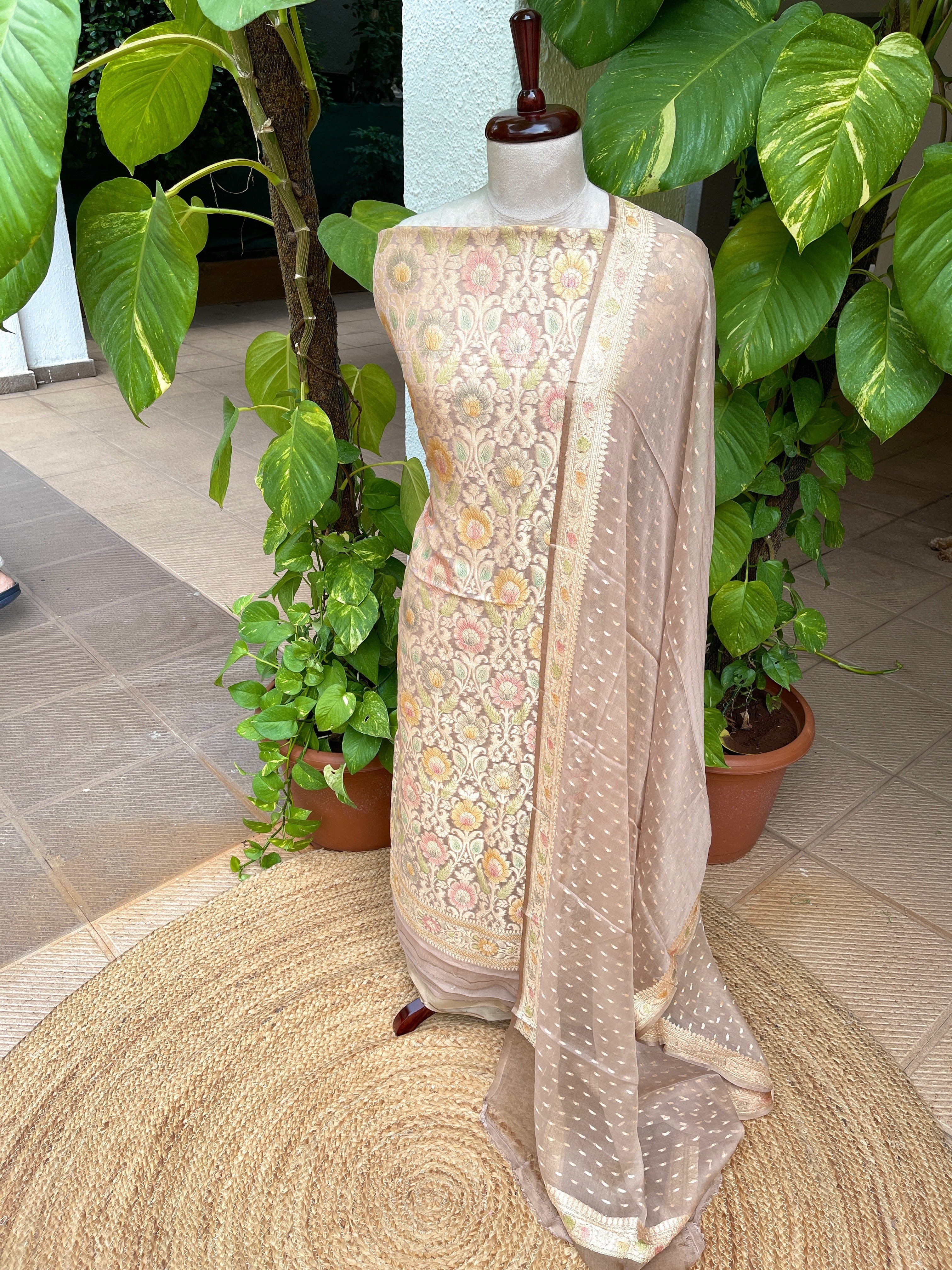 Lite Brown Handwoven Khaddi 3 - Piece Suit Set in Pure Georgette - Masakalee