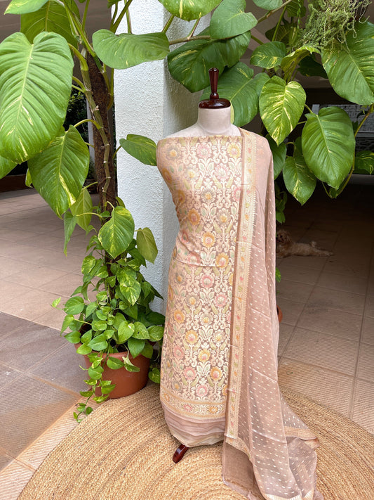 Lite Brown Handwoven Khaddi 3 - Piece Suit Set in Pure Georgette - Masakalee
