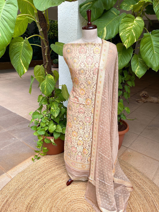 Lite Brown Handwoven Khaddi 3 - Piece Suit Set in Pure Georgette - Masakalee