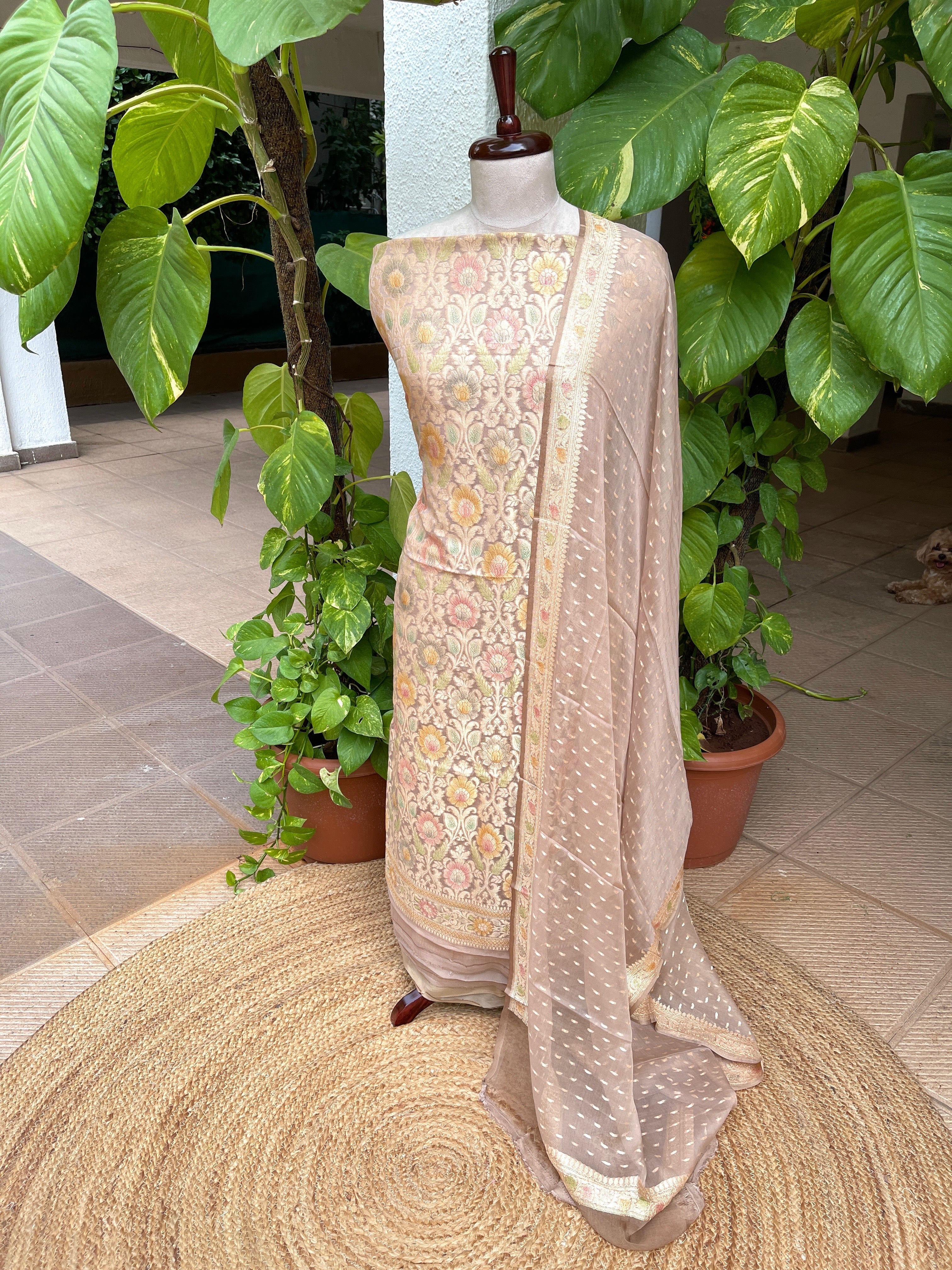 Lite Brown Handwoven Khaddi 3 - Piece Suit Set in Pure Georgette - Masakalee
