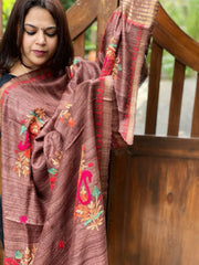 Lite Brown Kashmiri Aari Embroidered Dupatta in Geecha Silk - Masakalee