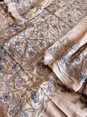 Lite Brown Suit Set with Kantha Handwork in Pure Tussar Silk - Masakalee