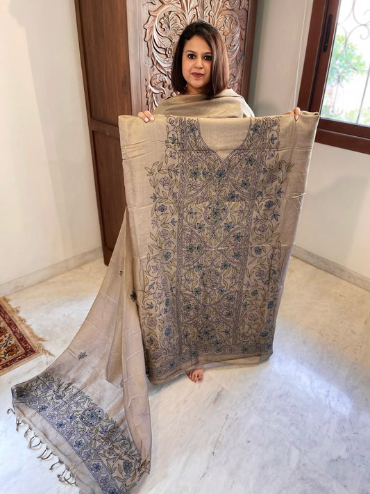 Lite Brown Suit Set with Kantha Handwork in Pure Tussar Silk - Masakalee