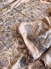 Lite Brown Suit Set with Kantha Handwork in Pure Tussar Silk - Masakalee