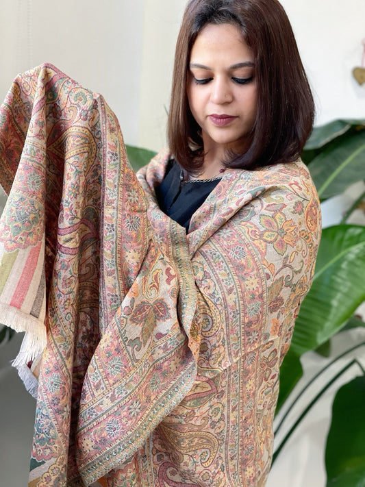 Lite Brown Woven Kaani Jaal Pashmina Stole - Masakalee